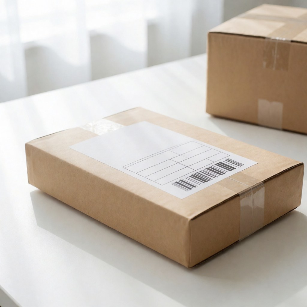 A white logistics package with a white label resting on a clean white table under bright lighting for a professional look