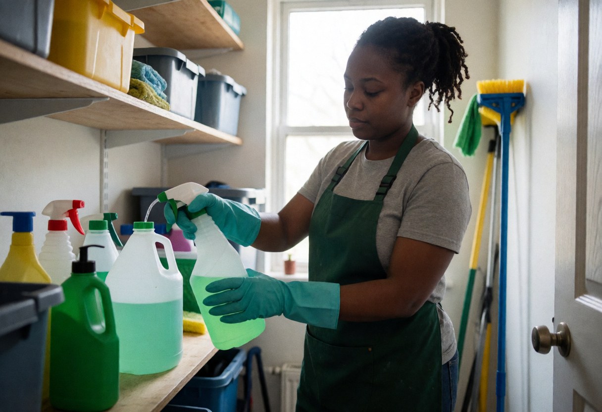 A black woman wearing gloves and a green apron fills a spray bottle with eco-friendly solution in an organized cleaning closet.
