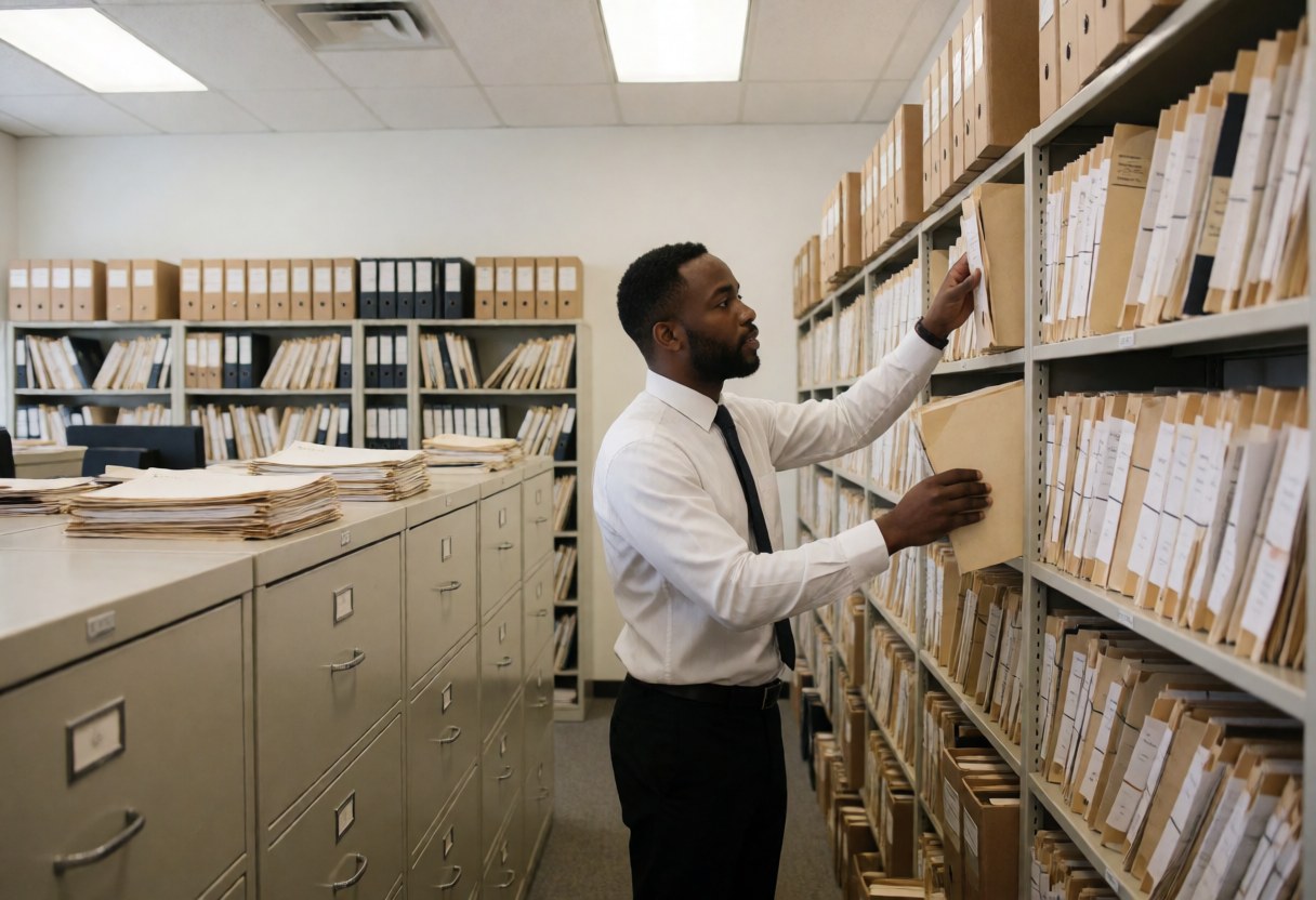 A black accountant searches for files in a well-lit office archive with shelves and filing boxes