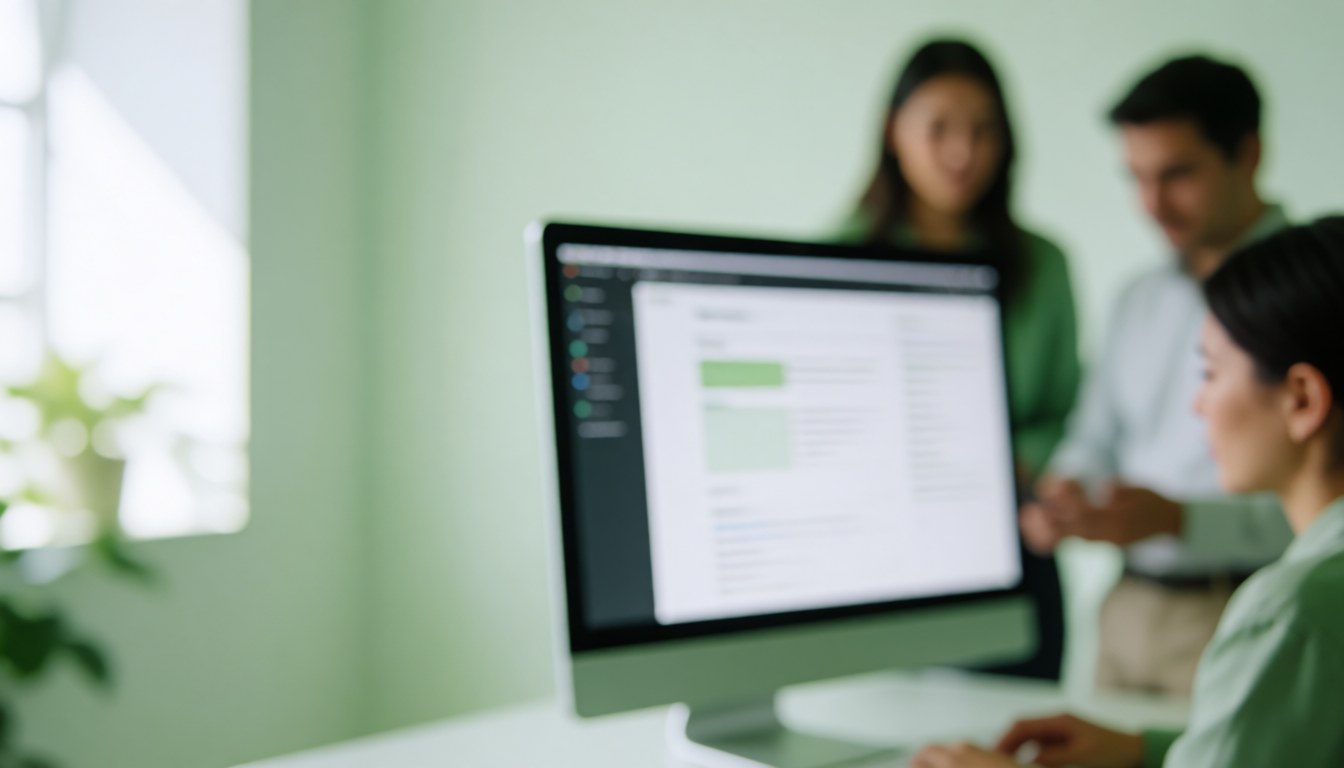 Blurred modern office background with computer and people working, providing ample negative space for text overlay