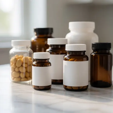 Bottles of vitamin supplements arranged on a marble pharmacy counter with soft natural lighting and a blurred background.
