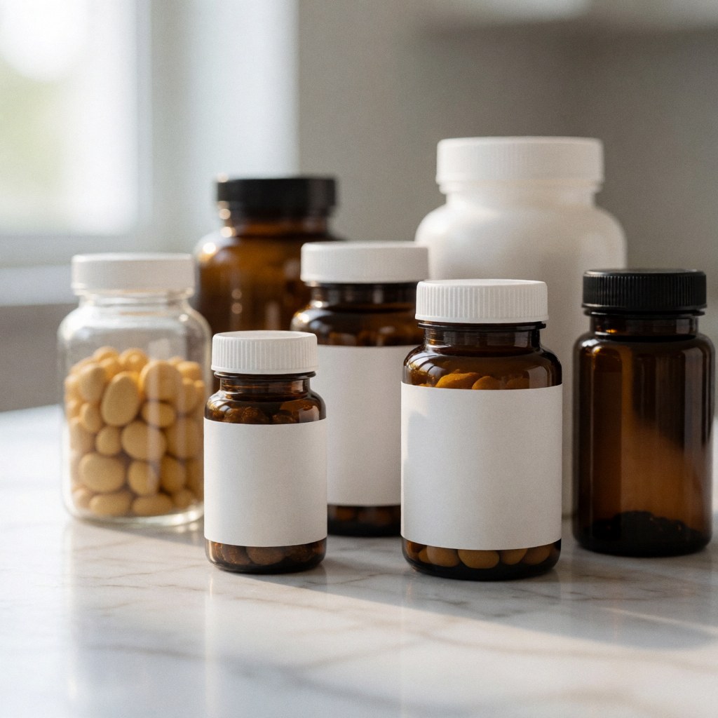 Bottles of vitamin supplements arranged on a marble pharmacy counter with soft natural lighting and a blurred background.