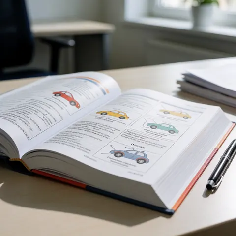 Open driving theory book on a table with vehicle diagrams and a pen beside it