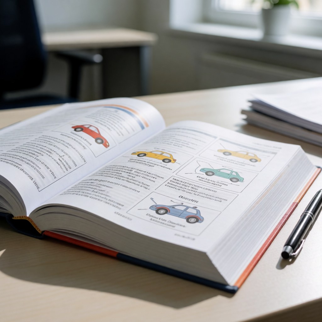 Open driving theory book on a table with vehicle diagrams and a pen beside it