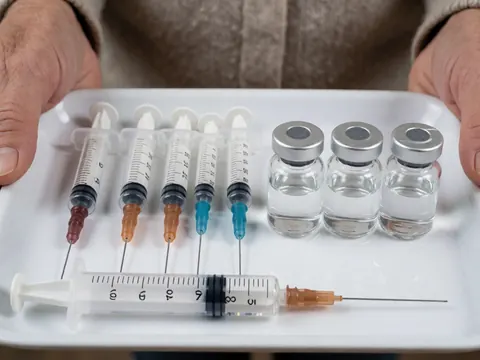 Close-up of a hand holding a medical tray containing syringes and vaccine vials for veterinary use under clinical lighting