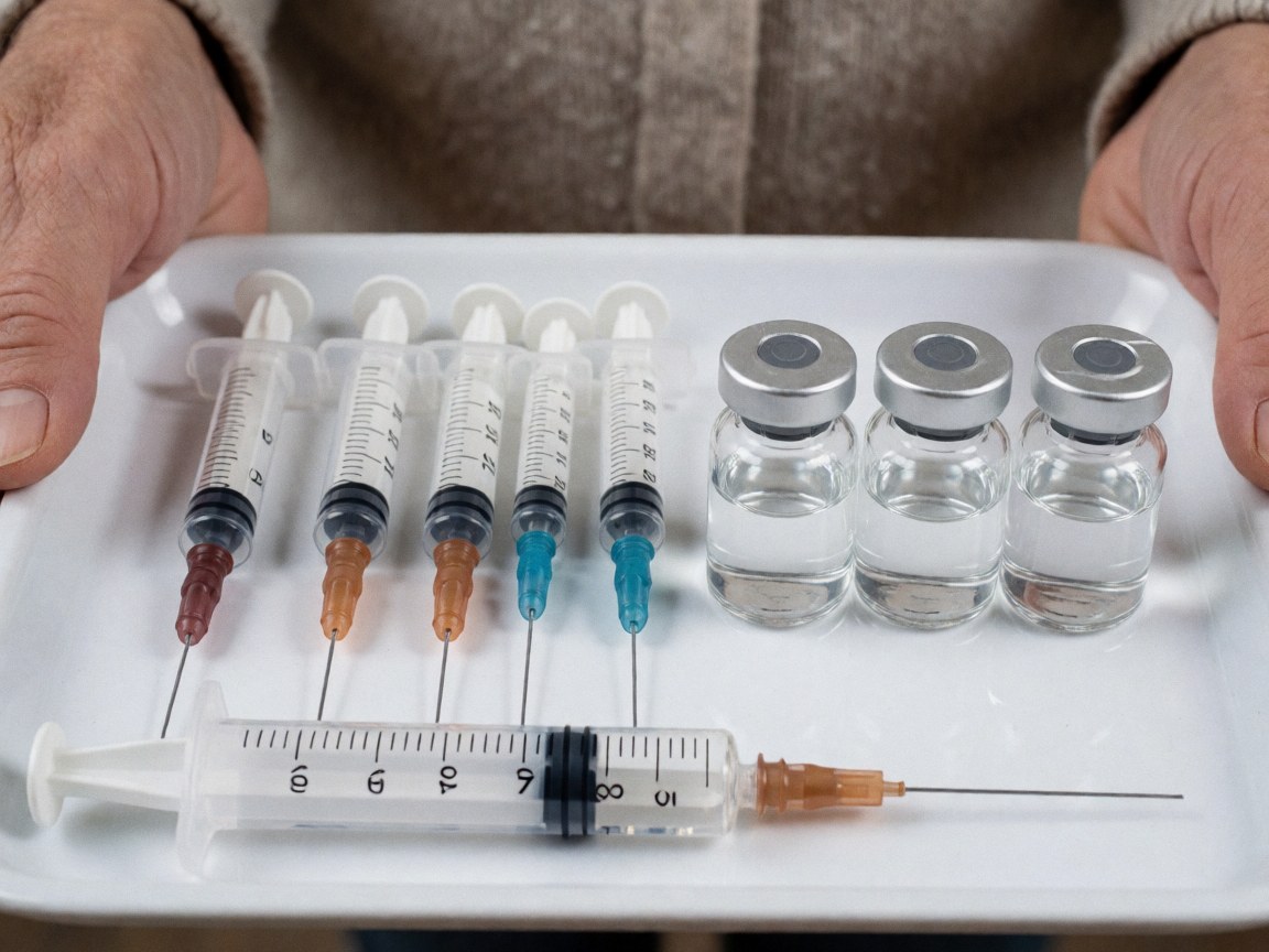 Close-up of a hand holding a medical tray containing syringes and vaccine vials for veterinary use under clinical lighting