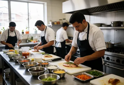 Professional kitchen with several chefs preparing food, natural light, and kitchen utensils visible.