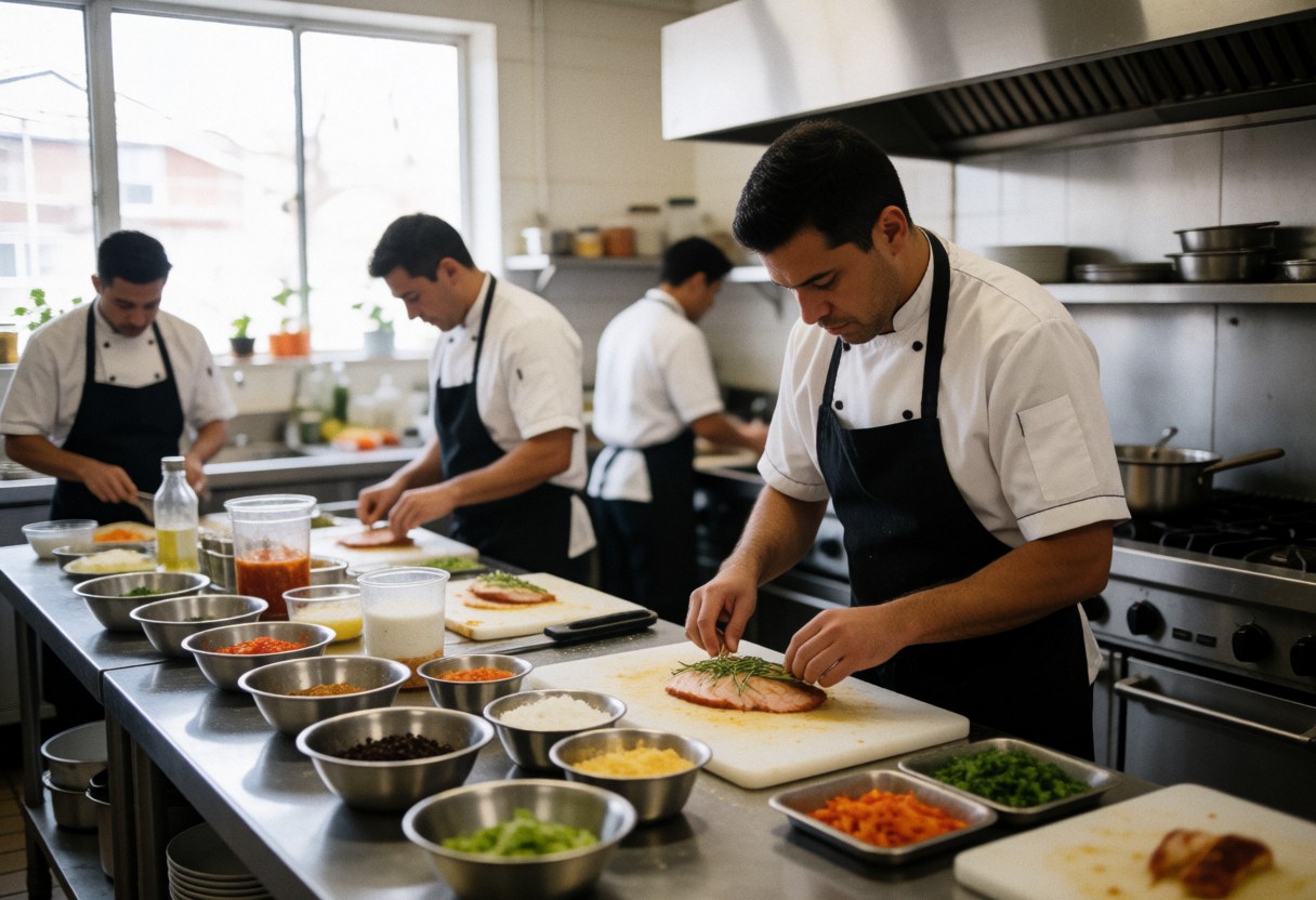 Professional kitchen with several chefs preparing food, natural light, and kitchen utensils visible.