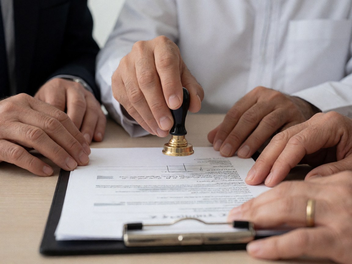 Close-up of hands stamping an insurance document on an office desk while colleagues observe the approval process