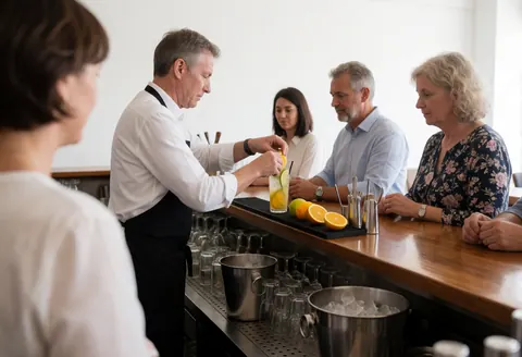 Bartender garnishing a drink with lemon slices while customers watch at a polished wooden bar with visible glassware and ice buckets