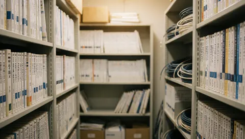 Metal shelving units holding technical manuals and coiled cables with warm lighting and a blurred background for professional text overlays