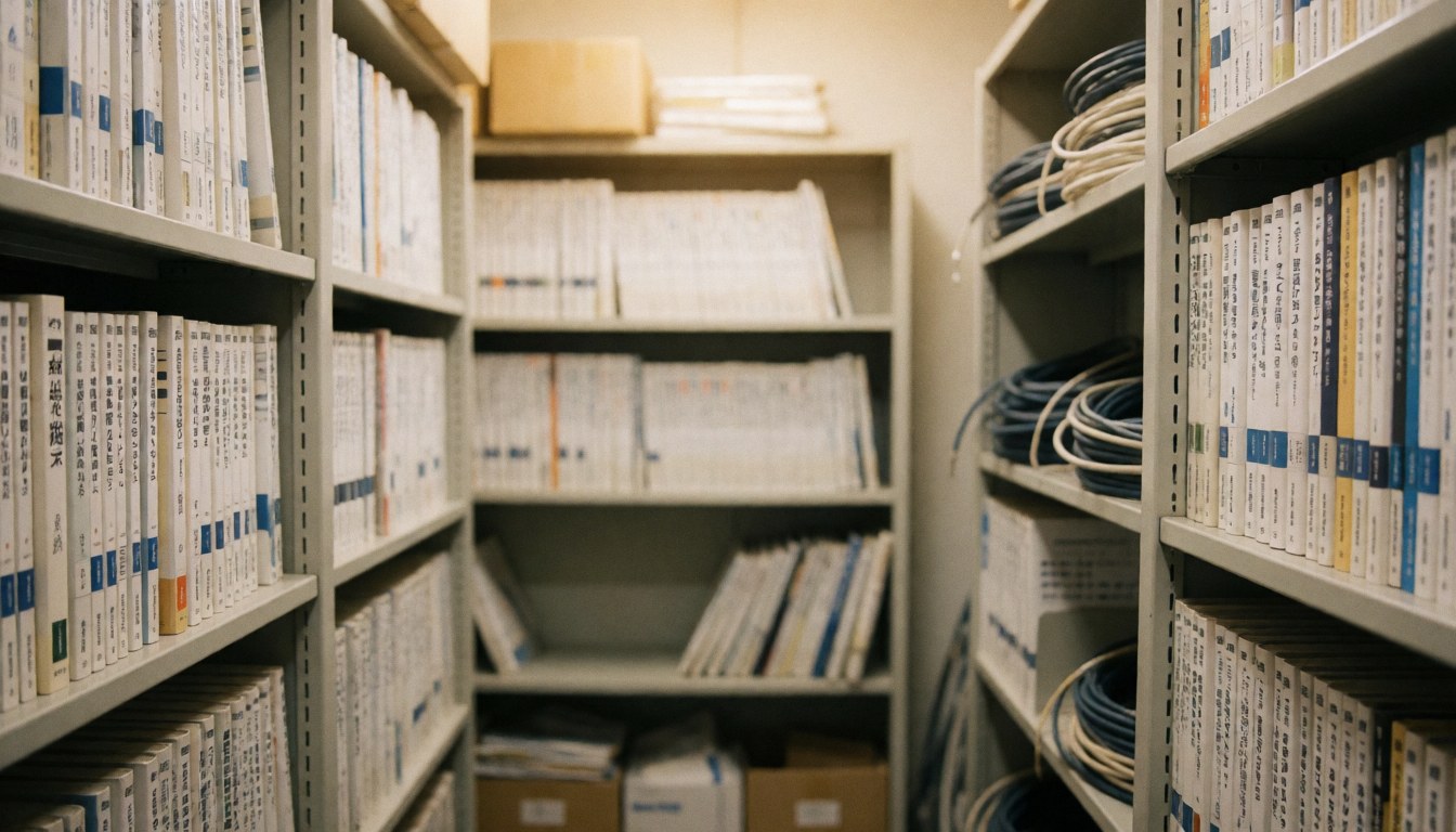 Metal shelving units holding technical manuals and coiled cables with warm lighting and a blurred background for professional text overlays