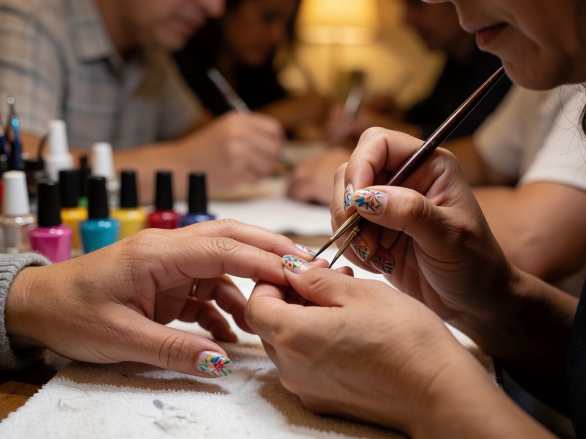 Close-up of a manicurist applying a delicate floral design to nails with a fine brush in a salon setting