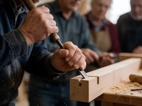 A carpenter wearing gloves carves wood with a chisel while sawdust flies in a blurred workshop background with other workers.