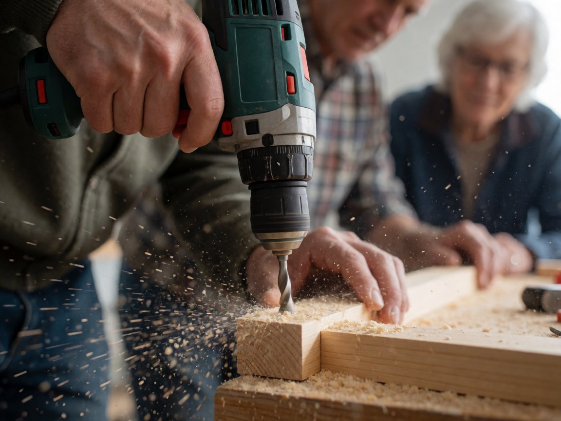 Close-up of an electric drill boring into wood with sawdust flying while others watch the work