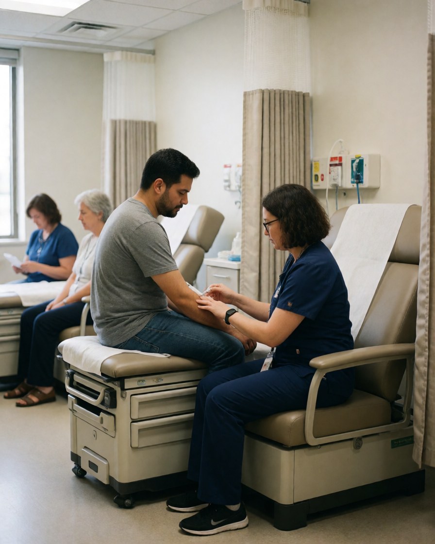 A female nurse draws blood from a male patient while other people wait in the background at a medical clinic.