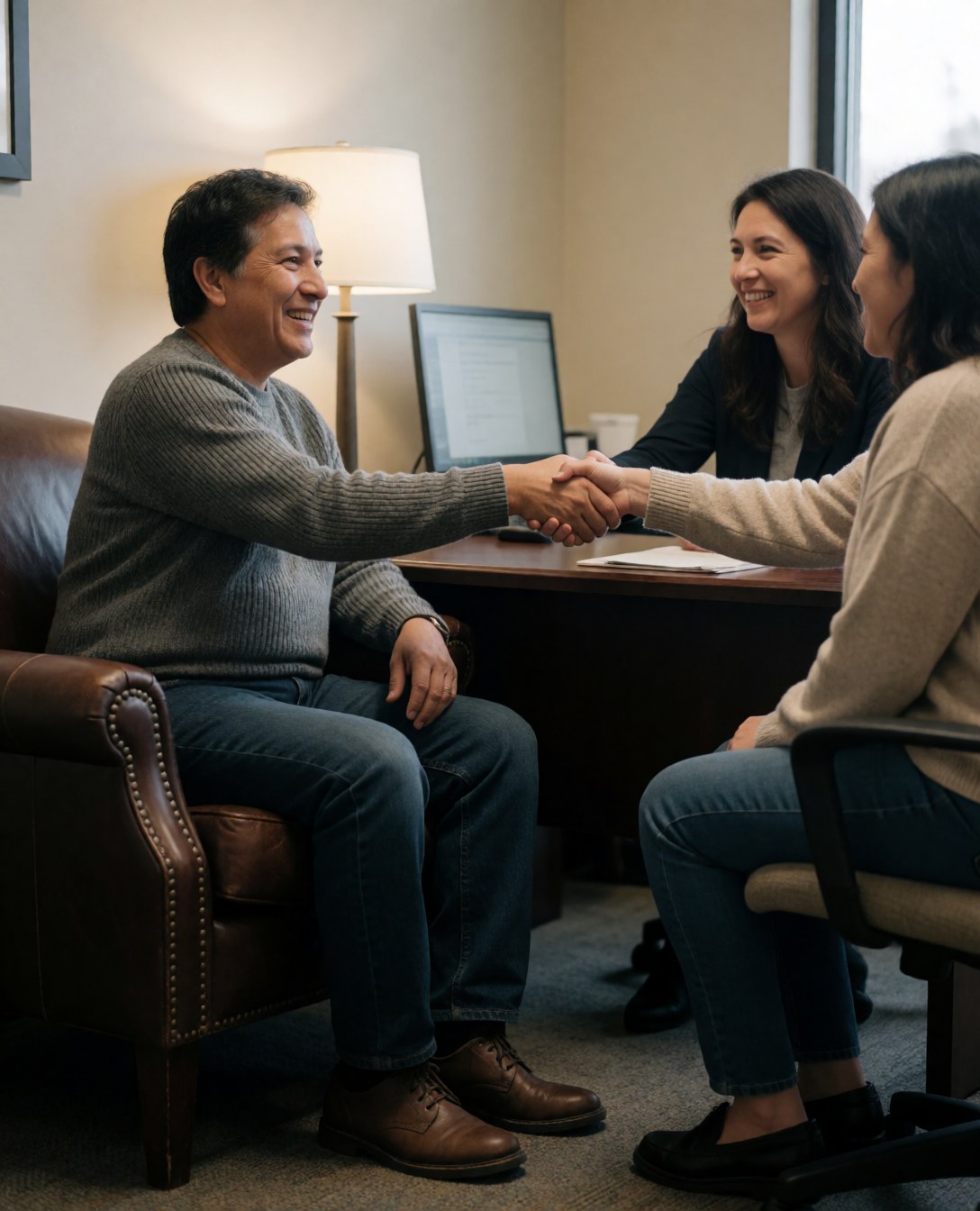 Happy customer shaking hands with an attorney in a professional office setting during a legal consultation