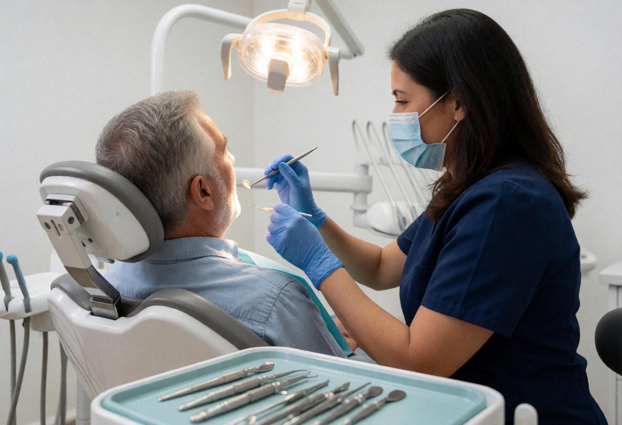Female dentist wearing mask and gloves treating an older patient in a modern dental clinic with visible instruments in the foreground.