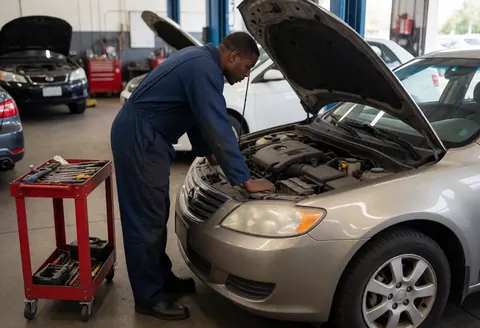 Mechanic in blue overalls working on a silver car engine in a busy auto repair shop with tools and other vehicles nearby