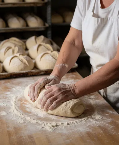 Close-up of a baker's hands kneading dough with loaves of bread visible in the background
