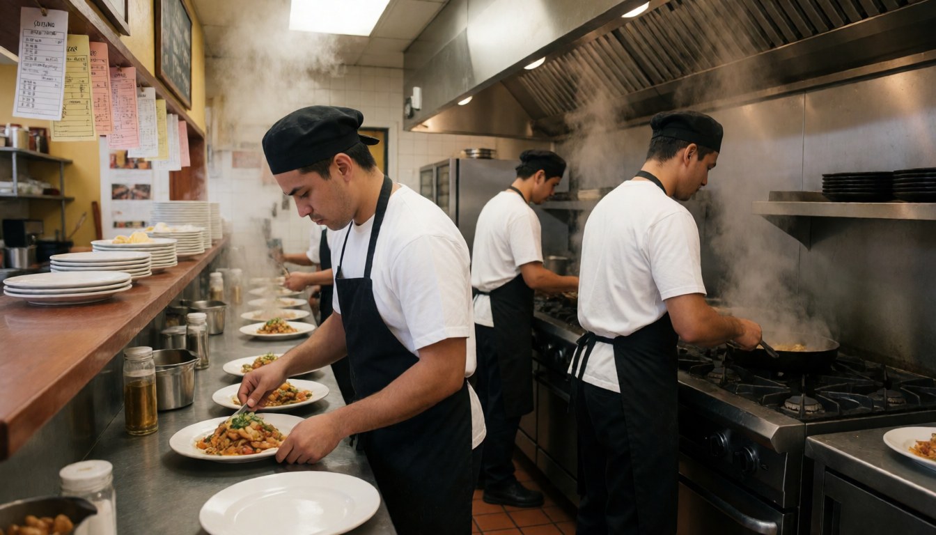 Busy restaurant kitchen with chefs preparing dishes, steam rising from stoves, and plated meals ready for service