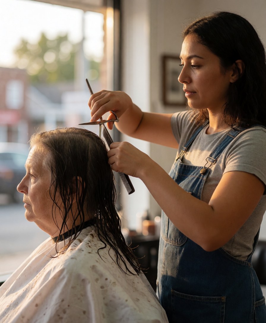 A stylist cuts a client's wet hair in a salon with warm natural light
