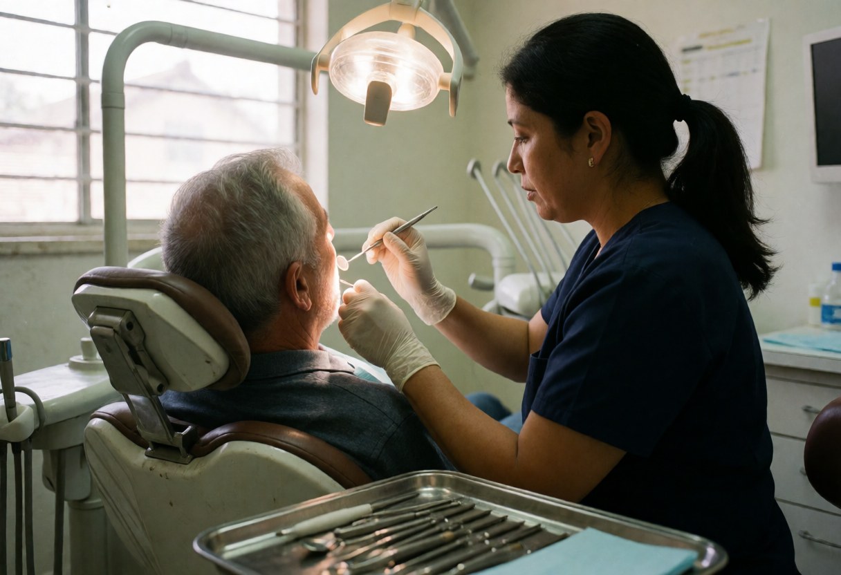 Dentist attending to an older patient in a dental clinic with visible light and tools