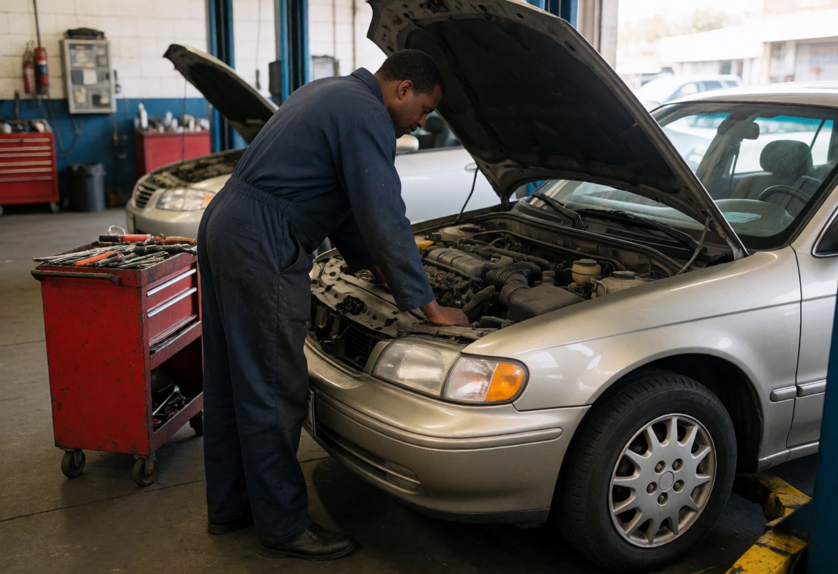 Black mechanic in blue overalls working on a silver car engine in a garage with a red tool cart nearby