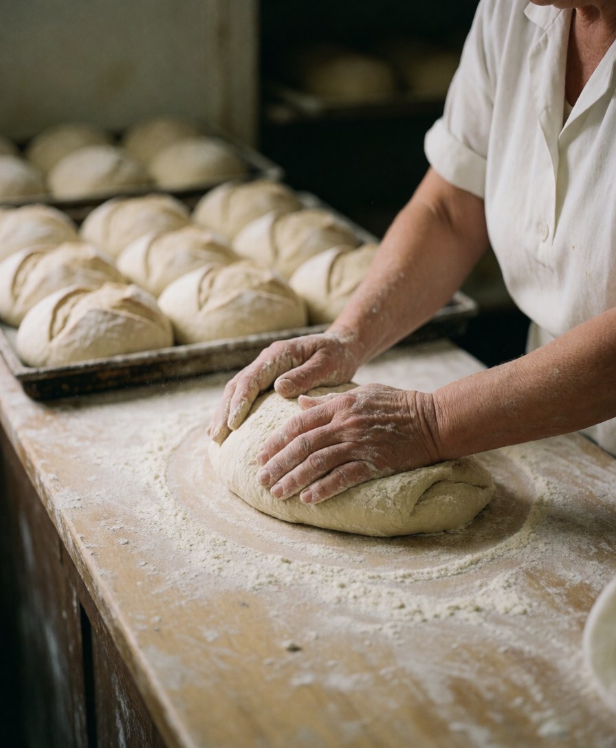 Close-up of a baker's hands working with dough in a bakery with bread trays in the background