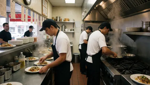 Chefs working in a busy restaurant kitchen with steam rising from pots and prepared dishes on the counter
