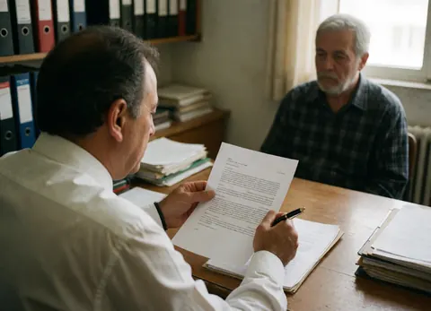 Attorney examining legal documents with seated client at wooden desk with folders