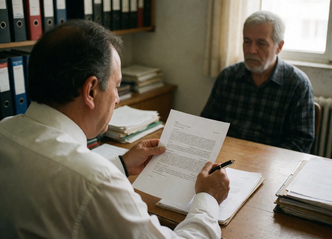 Attorney examining legal documents with seated client at wooden desk with folders