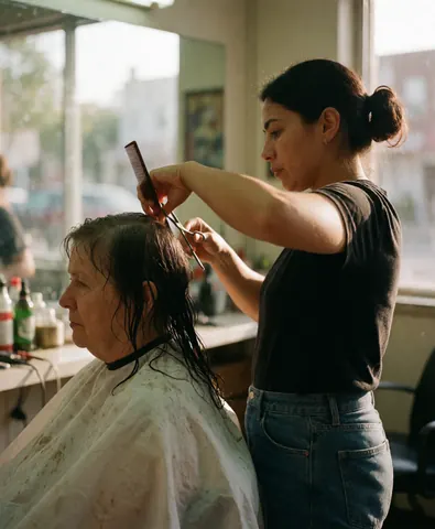 A Latina hairdresser cuts a senior client's wet hair in a neighborhood salon with natural light