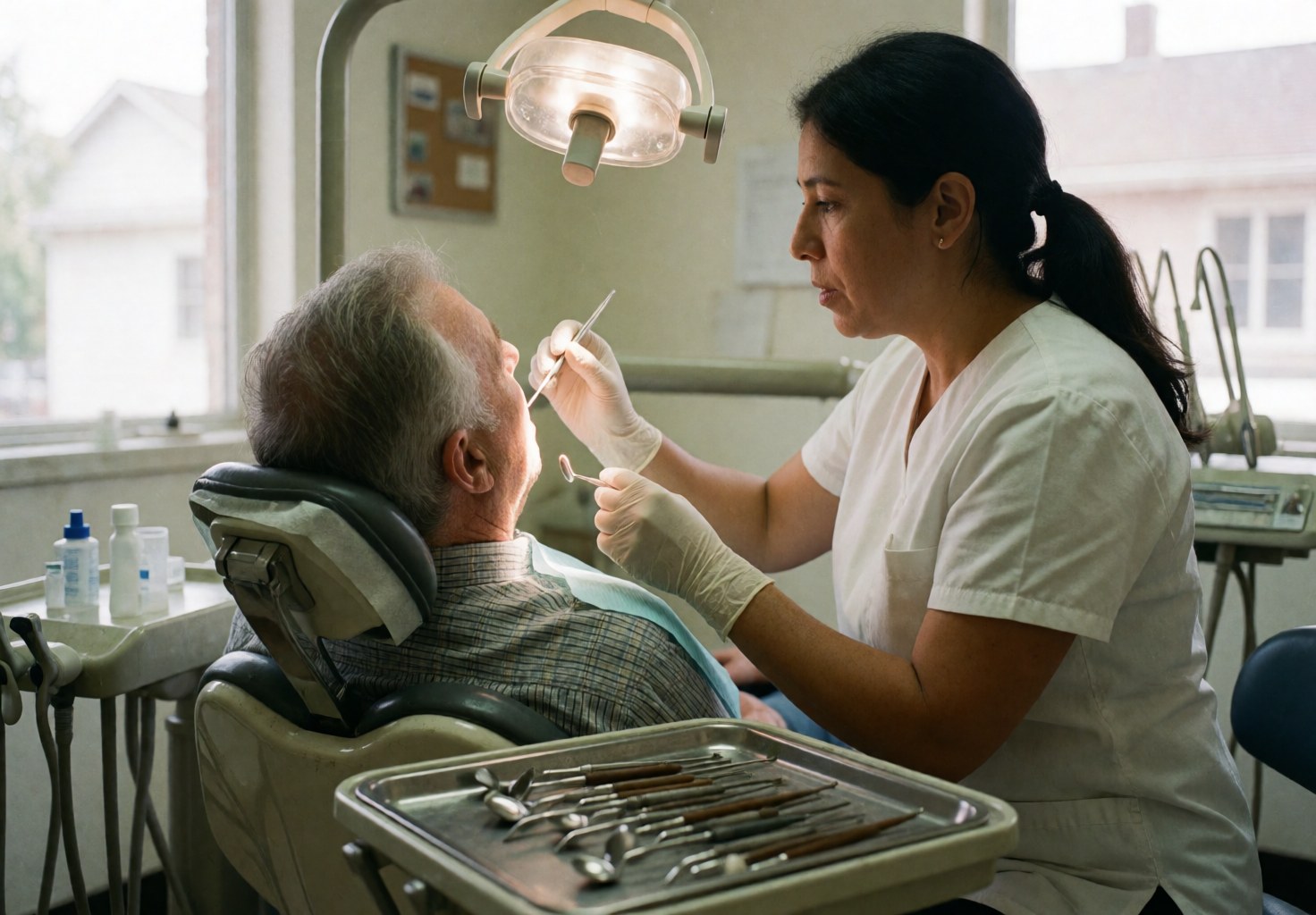 Dentist wearing gloves examines patient mouth in dental clinic with visible instruments and lighting