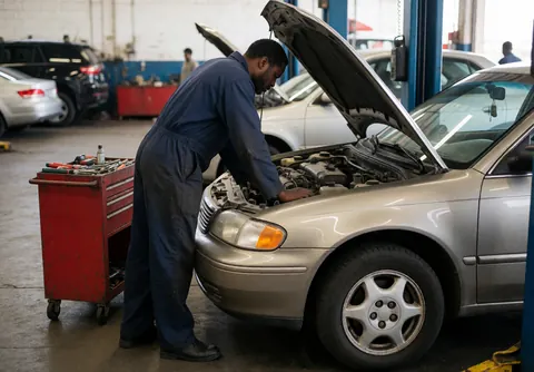 A mechanic working on a car engine in a repair shop with tools and other vehicles visible in the background.