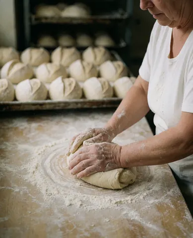 Senior baker kneading dough on a wooden table with flour and trays of bread in the background