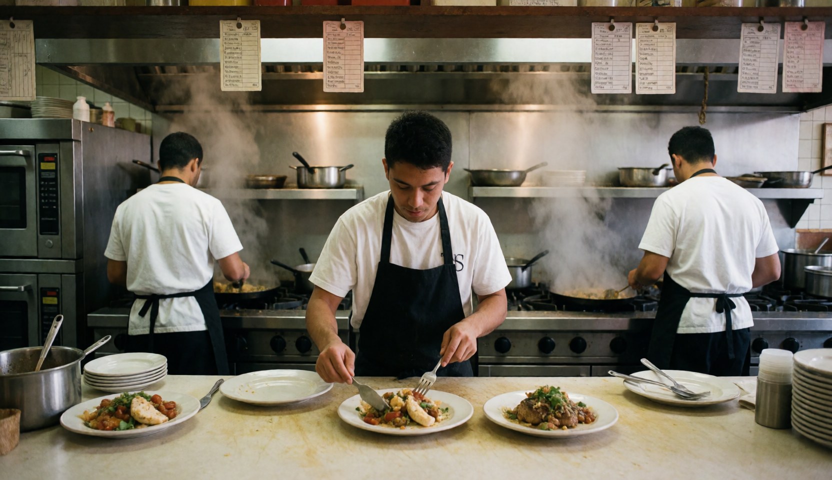 Busy restaurant kitchen with chefs preparing dishes, steam rising, and plated food ready for service in a professional environment