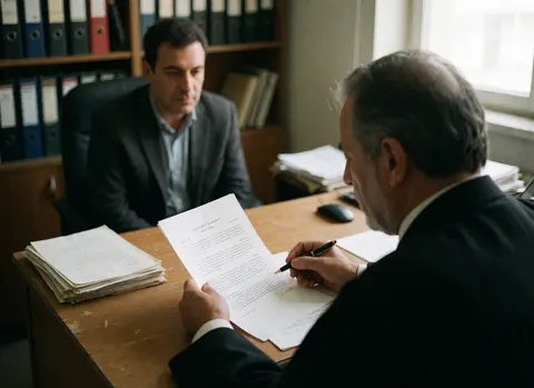 An older attorney examines a legal document with a seated client in an office filled with file shelves