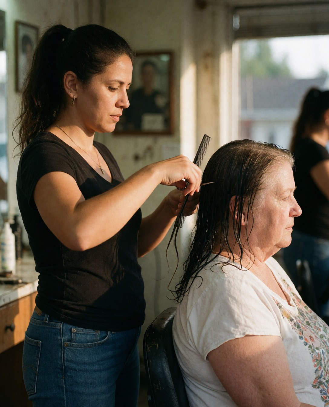 A Latina stylist cuts a client's wet hair in a neighborhood salon with natural light