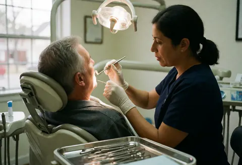 Dentist examining patient teeth with dental light and metal tray tools