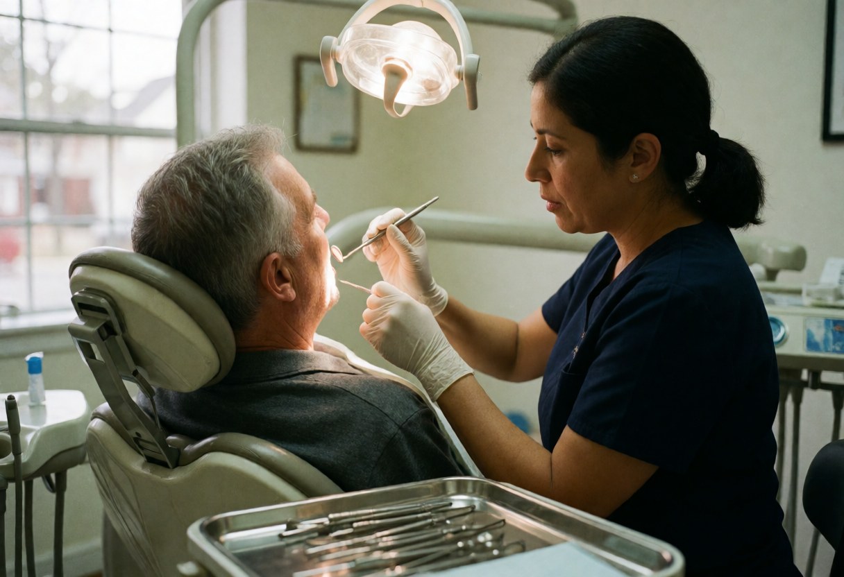 Dentist examining patient teeth with dental light and metal tray tools