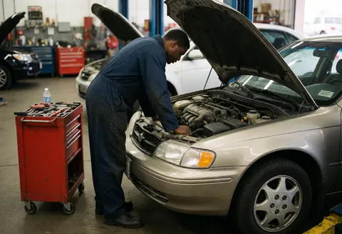 Mechanic in blue overalls working on a car engine in an auto repair shop with tools and other vehicles visible in the background.