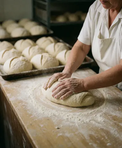Senior baker kneading dough with flour on a wooden counter with bread trays in the background
