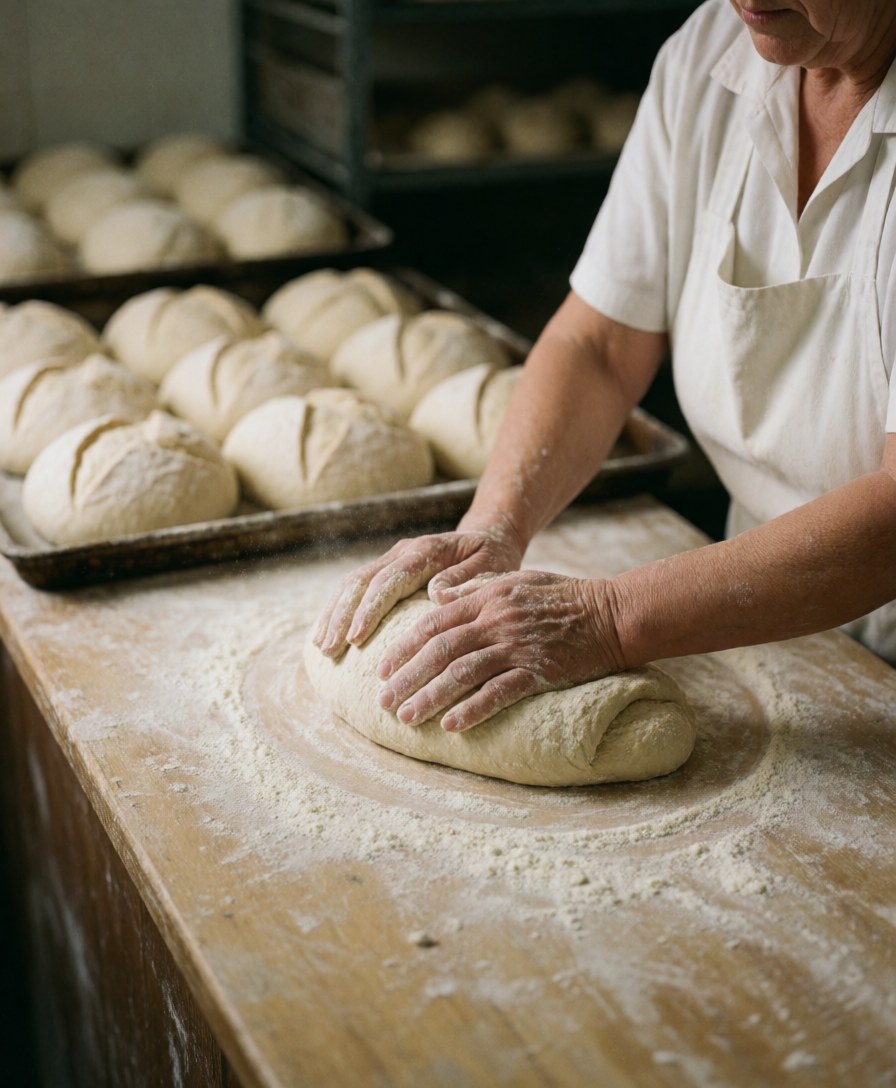 Senior baker kneading dough with flour on a wooden counter with bread trays in the background