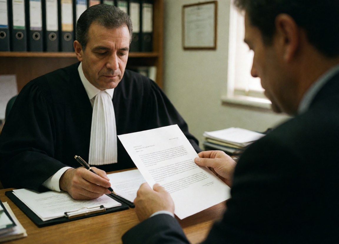 Attorney in suit and robe examines legal document with seated client in office with file shelves
