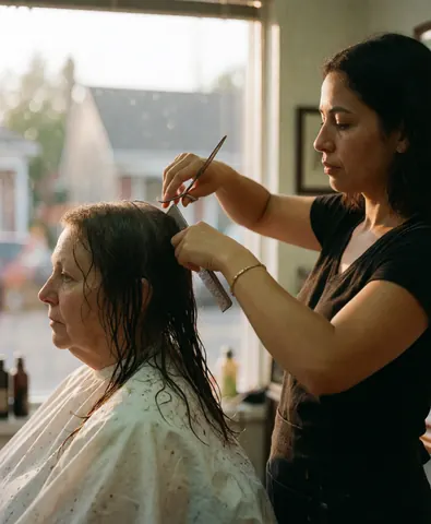 A stylist cuts wet hair for a client in a salon with warm sunset light.