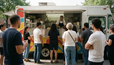 Line of people waiting for food at a colorful food truck on a sunny street with the cook working behind the counter
