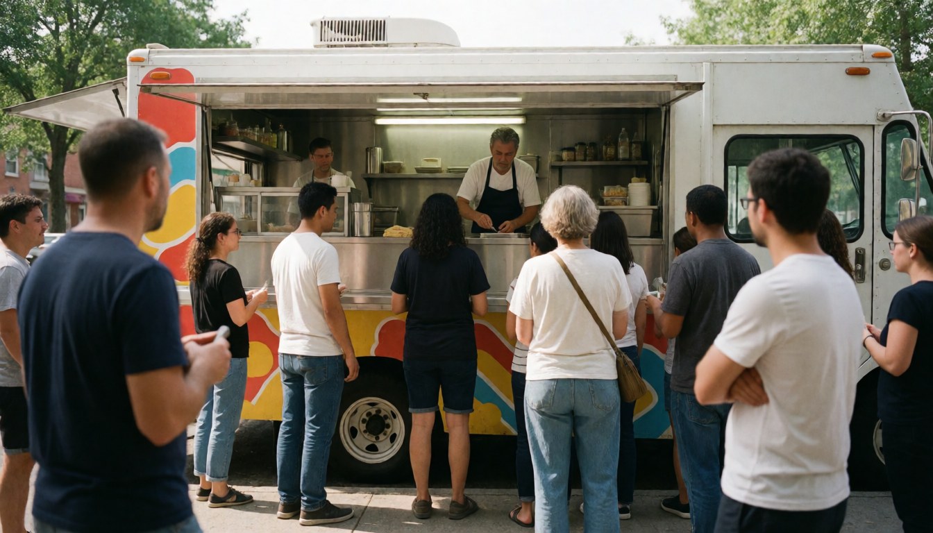 Line of people waiting for food at a colorful food truck on a sunny street with the cook working behind the counter