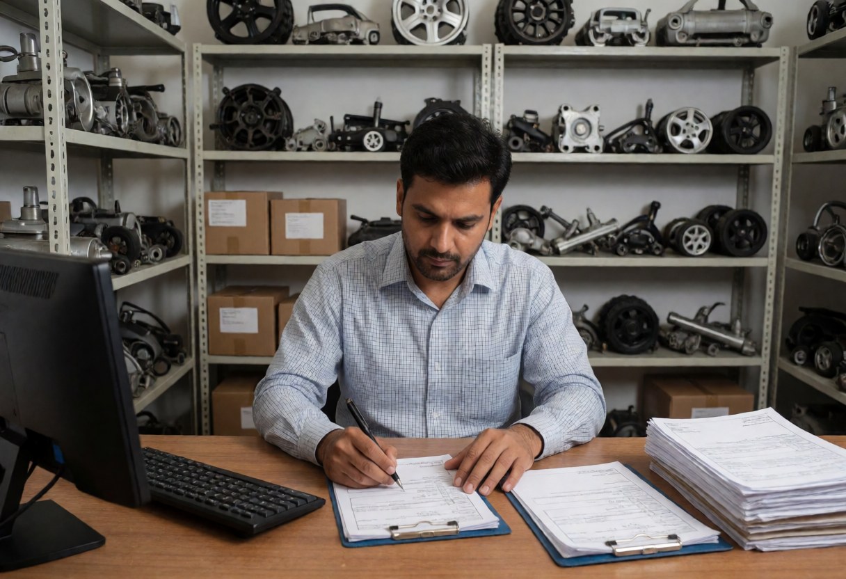 Mechanic reviewing paperwork at a desk surrounded by spare parts and shelves in an auto repair shop