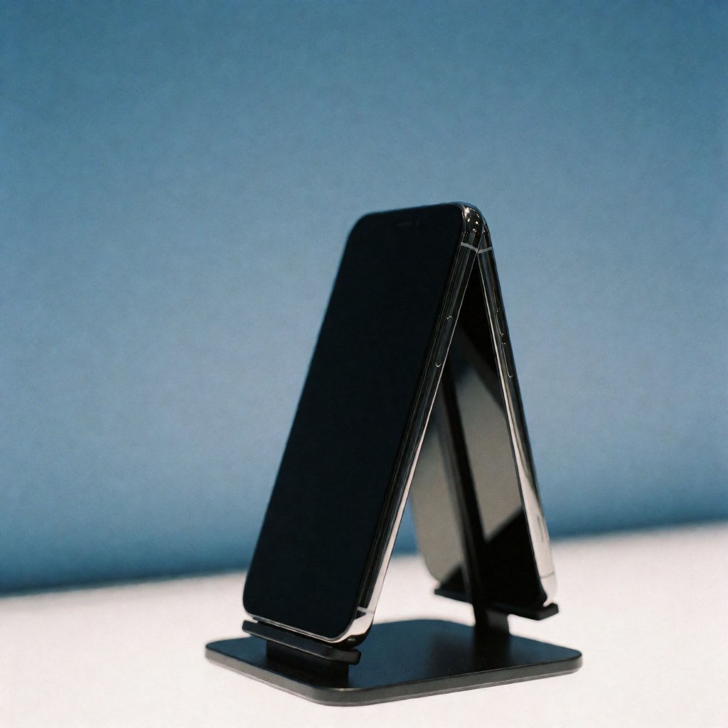 Black smartphone displayed on a black stand against a blue gradient background, suitable for technology product advertising